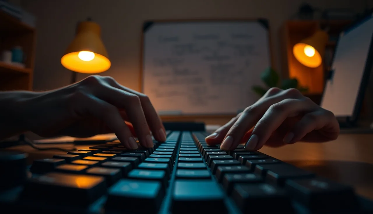 Developer's hands on keyboard in dim office light, schema markup work in progress