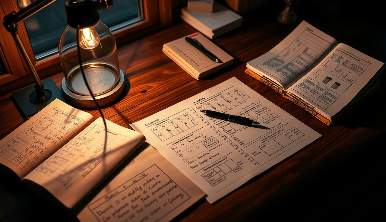 Researcher's desk at dusk with notebooks and handwritten question marks on paper about AI ranking criteria