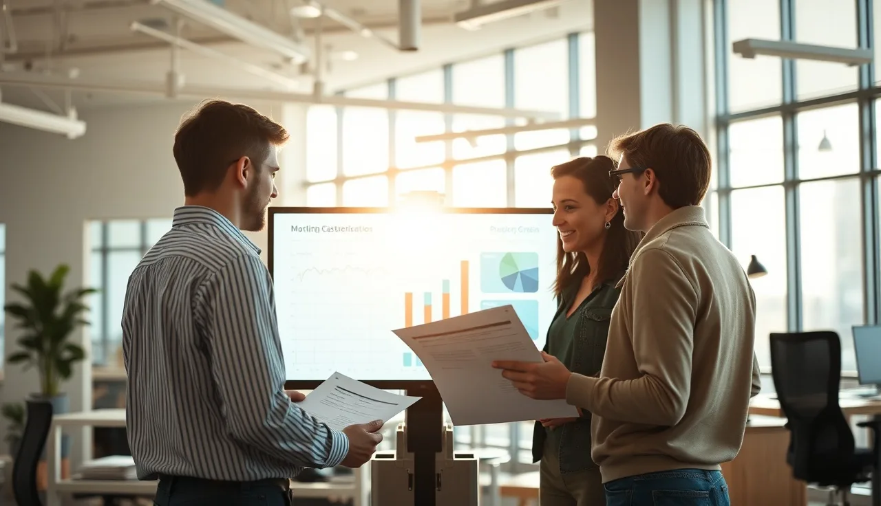 Marketing team reviewing AI search citation data on a monitor in a bright office