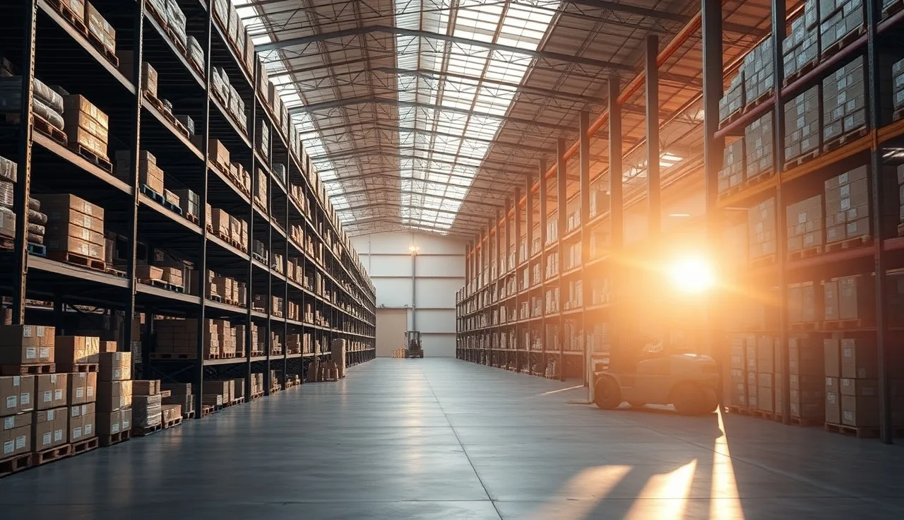 Empty warehouse aisle at dawn with stacked shelves and natural light, representing agentic AI purchasing logistics