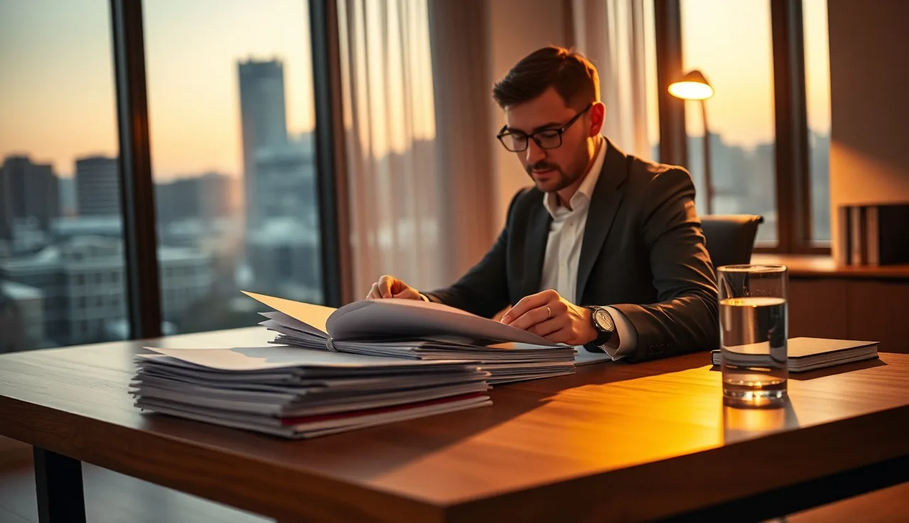 Business professional reviewing enterprise software purchasing documents at a wooden desk at dusk