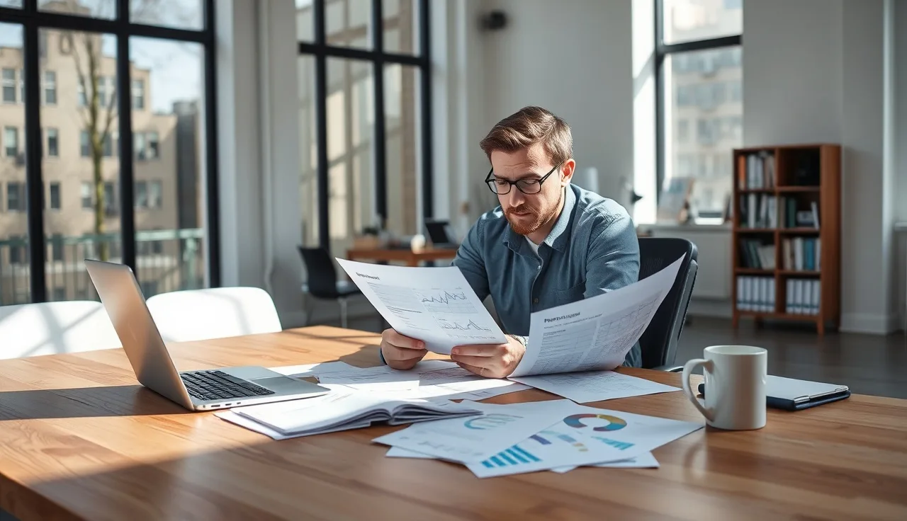 Marketing analyst reviewing AI brand visibility data sheets at a sunlit office desk