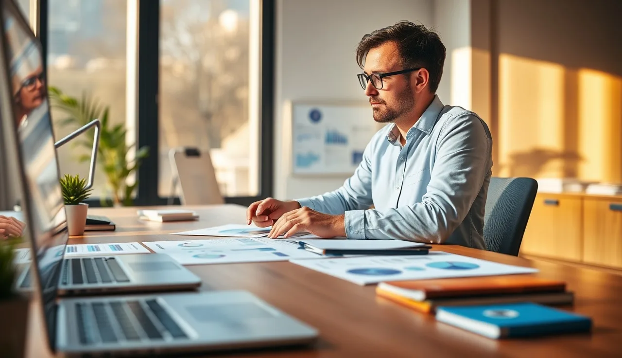 Marketing professional reviewing AI brand visibility data charts at a desk