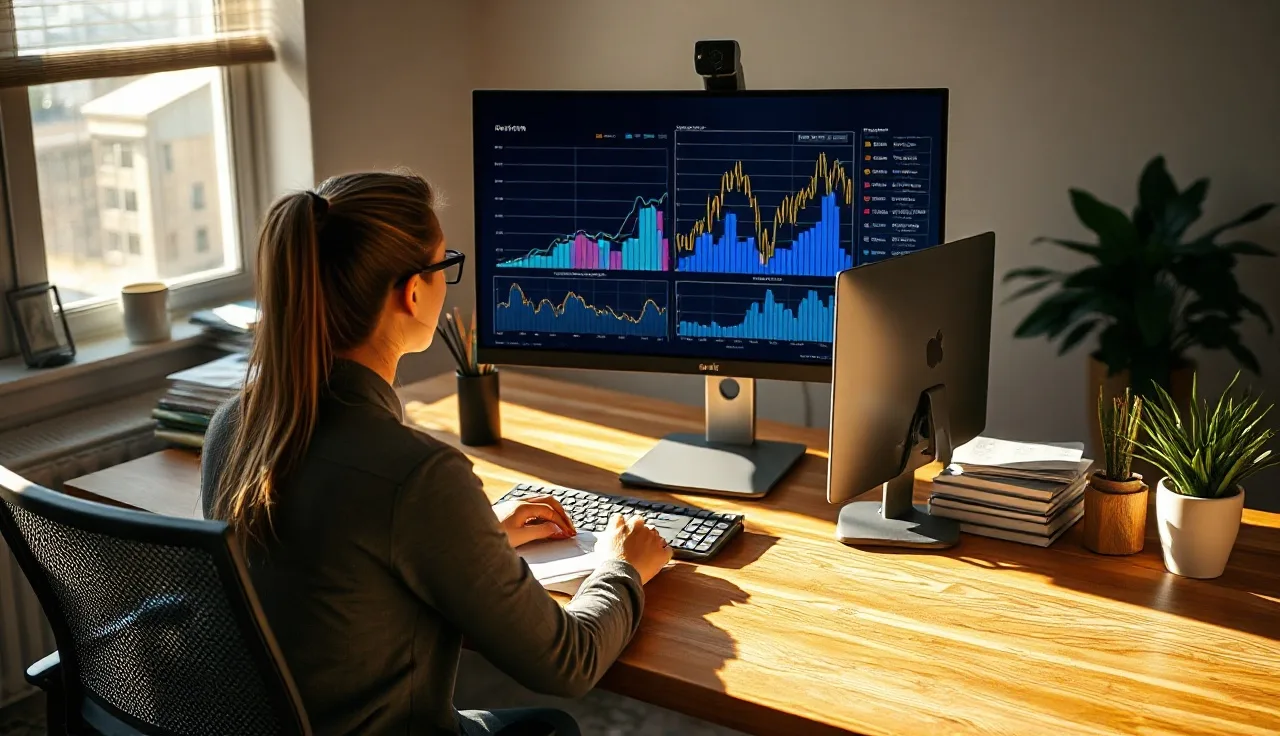 Person reviewing AI brand visibility charts on a large monitor in a sunlit office