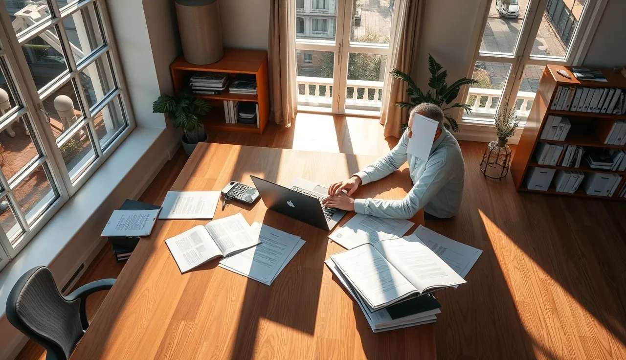 Marketing analyst reviewing AI-driven SEO research at a sunlit wooden desk