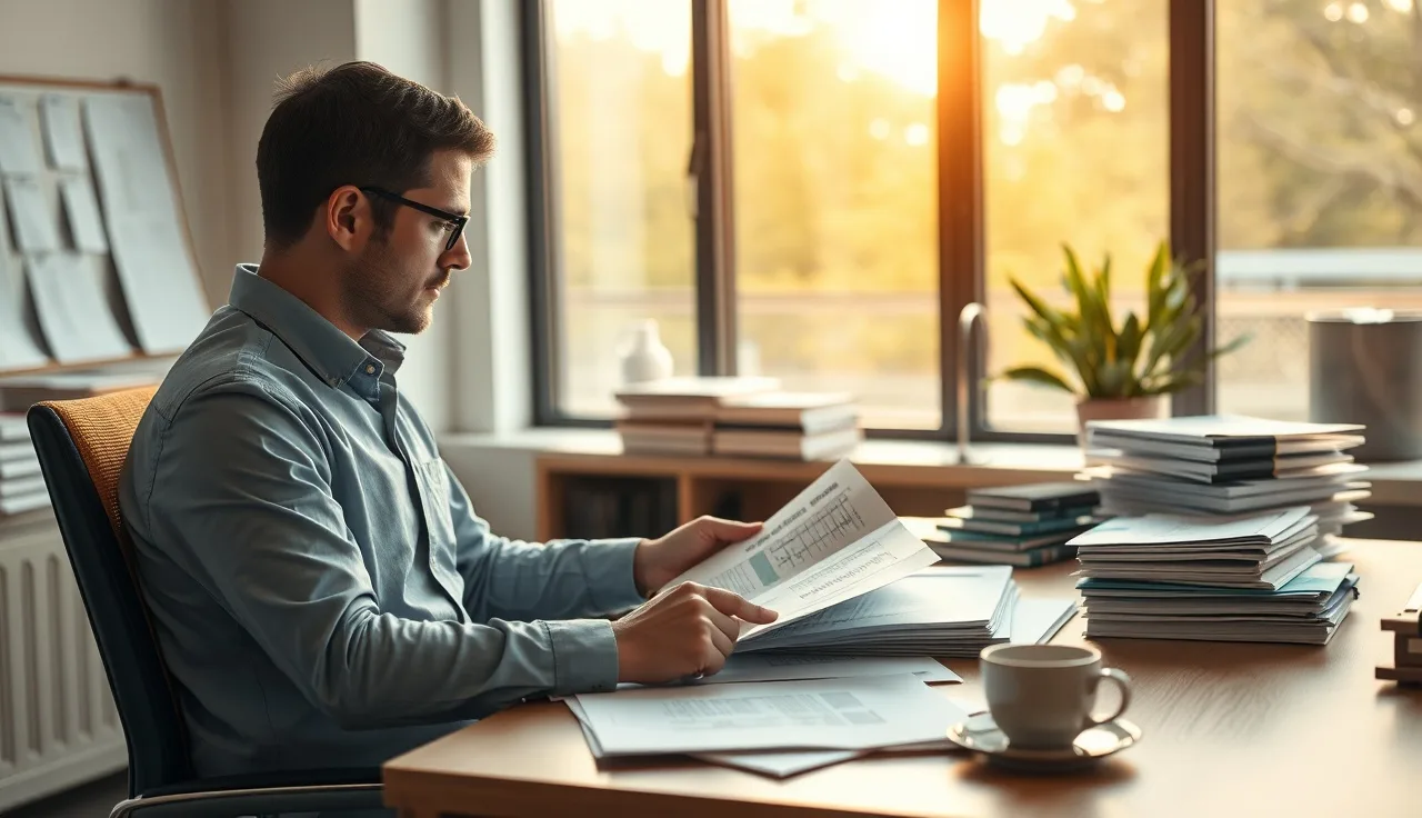 Professional reviewing documents at a desk, B2B research and AI visibility strategy