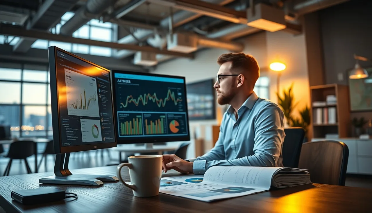 Marketing analyst reviewing SEO and AI Overview performance data at an office desk at dusk