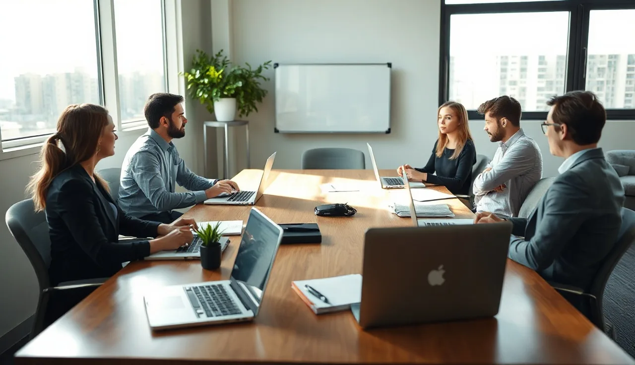 PR team members collaborating around a conference table during AI optimization training session
