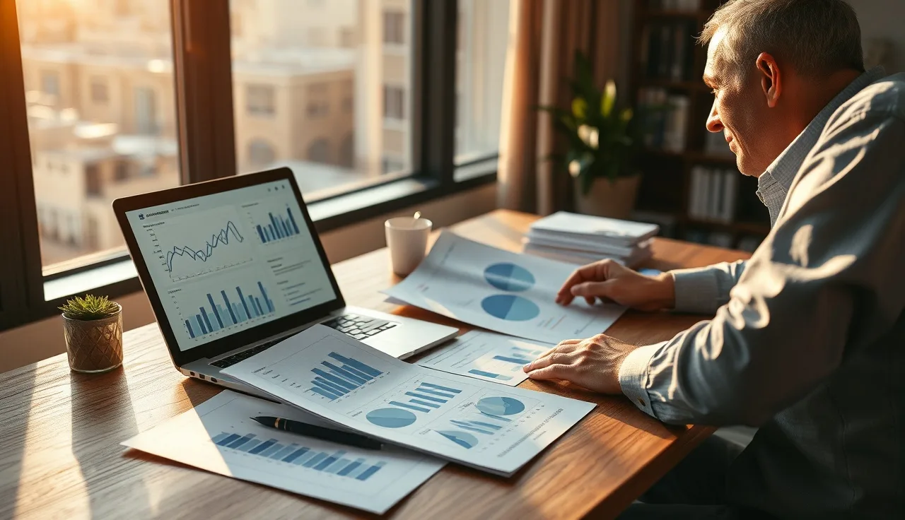 Marketing analyst reviewing AI search analytics charts at a desk with printed graphs