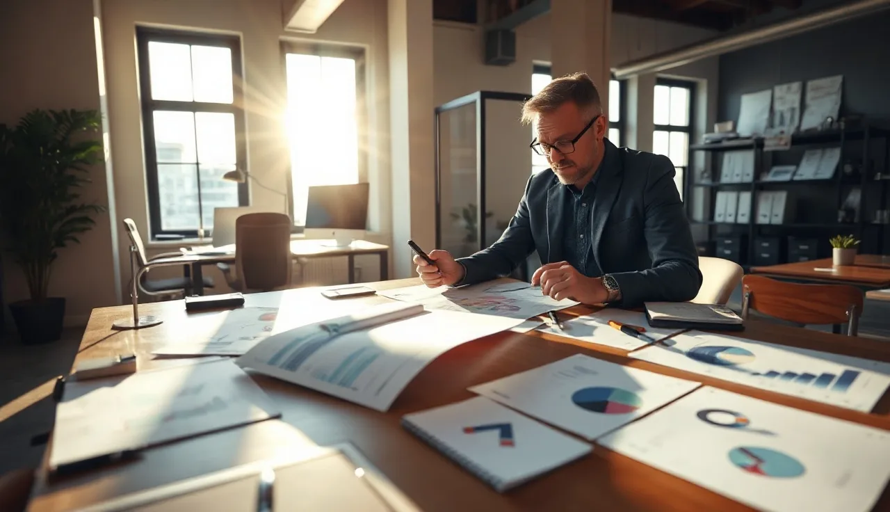 Marketing analyst reviewing competitive analysis printouts on a sunlit office desk