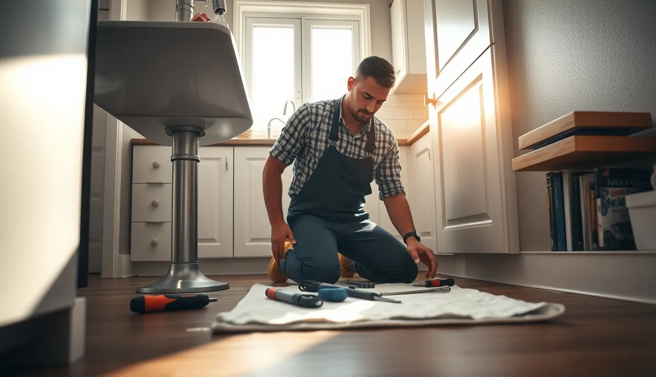 Plumber working under a kitchen sink in a bright suburban home