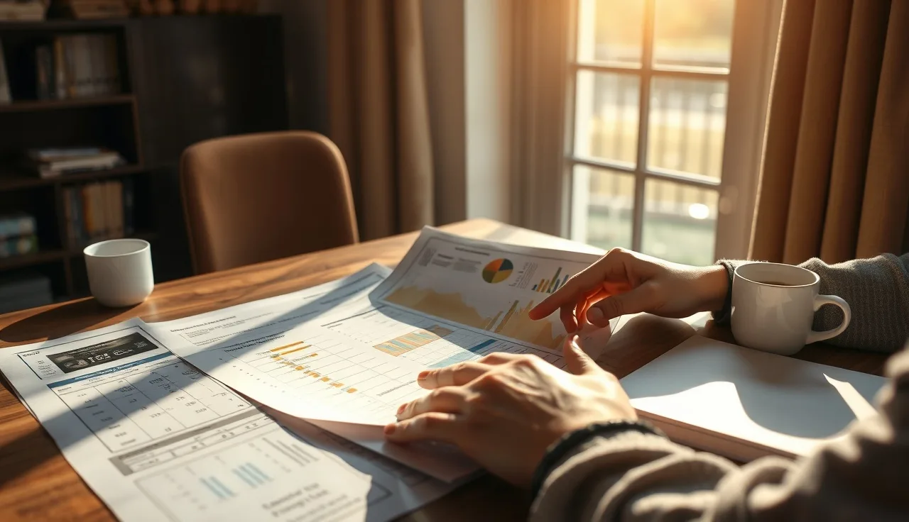 Researcher reviewing printed AI search optimization study papers at a sunlit desk