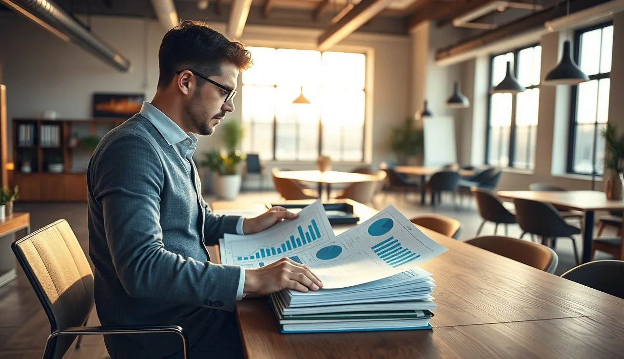 Marketing professional reviewing AI search optimization analytics reports at a wooden desk