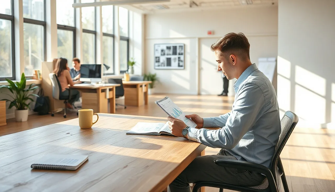 Marketing analyst reviewing AI search visibility data charts at a sunlit desk