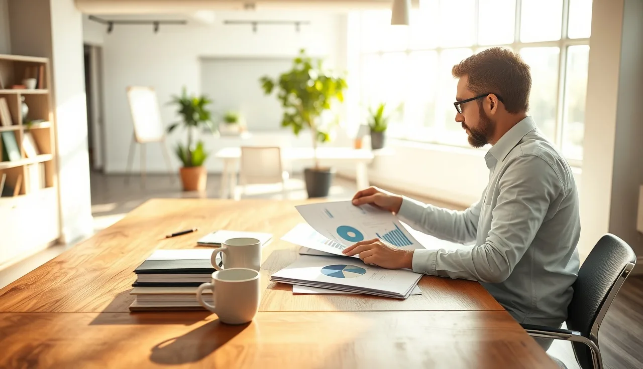 Marketing analyst reviewing AI search visibility performance reports at a sunlit desk