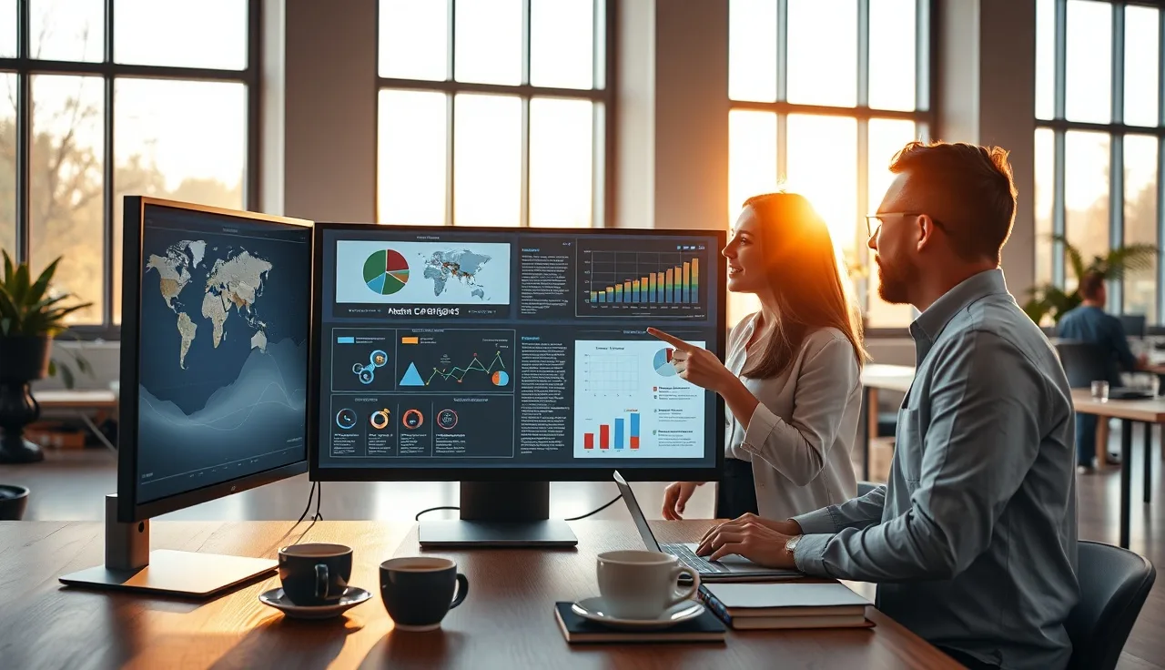 Three marketing professionals reviewing AI search visibility data on a large monitor