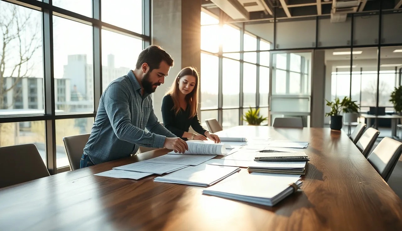 Two marketing professionals reviewing content documents at a conference table, natural light