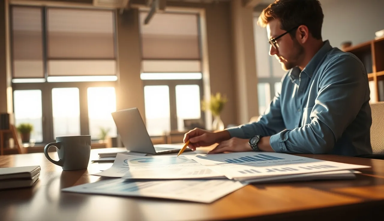 Person reviewing AI search analytics charts at a desk in morning light
