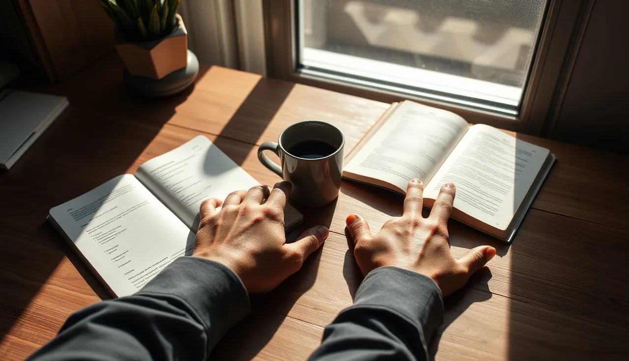 Hands on desk with notebook and coffee cup in morning light, representing AI SEO strategy planning