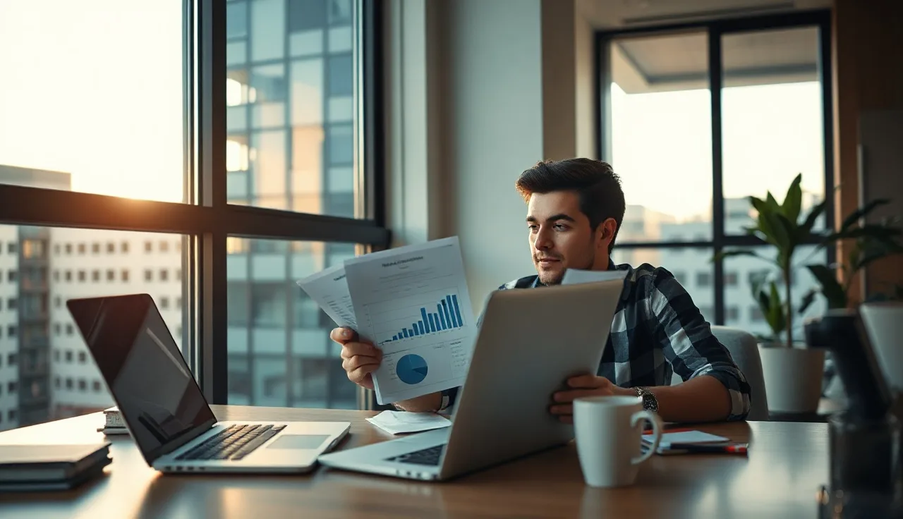 Marketing professional reviewing AI SEO analytics reports at desk by window