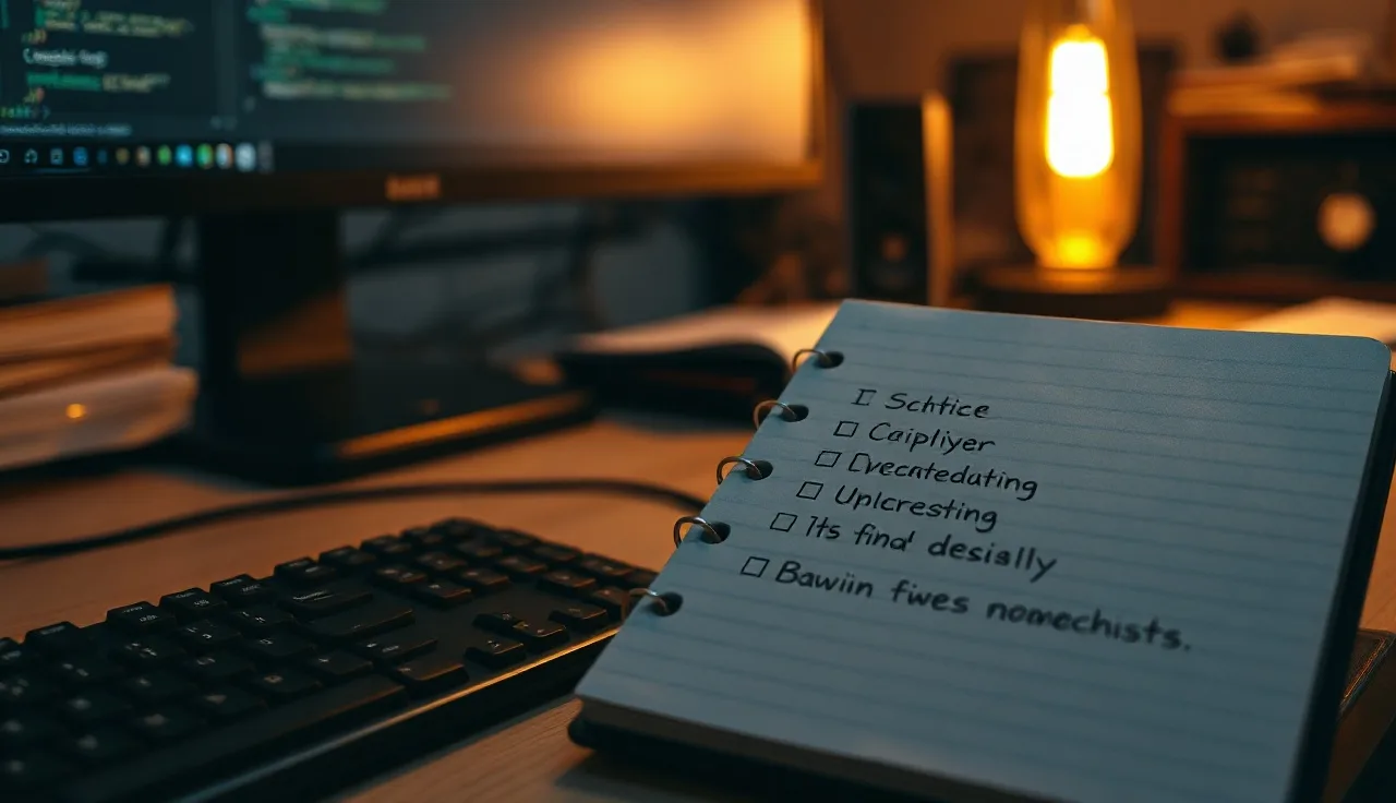 Handwritten schema markup checklist on a desk beside a mechanical keyboard at dusk