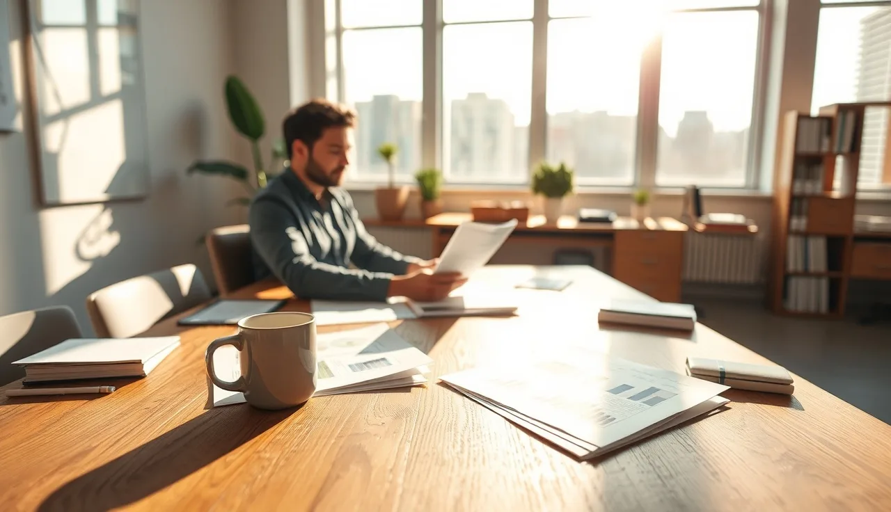 Marketing analyst reviewing AI visibility data sheets at a sunlit office desk