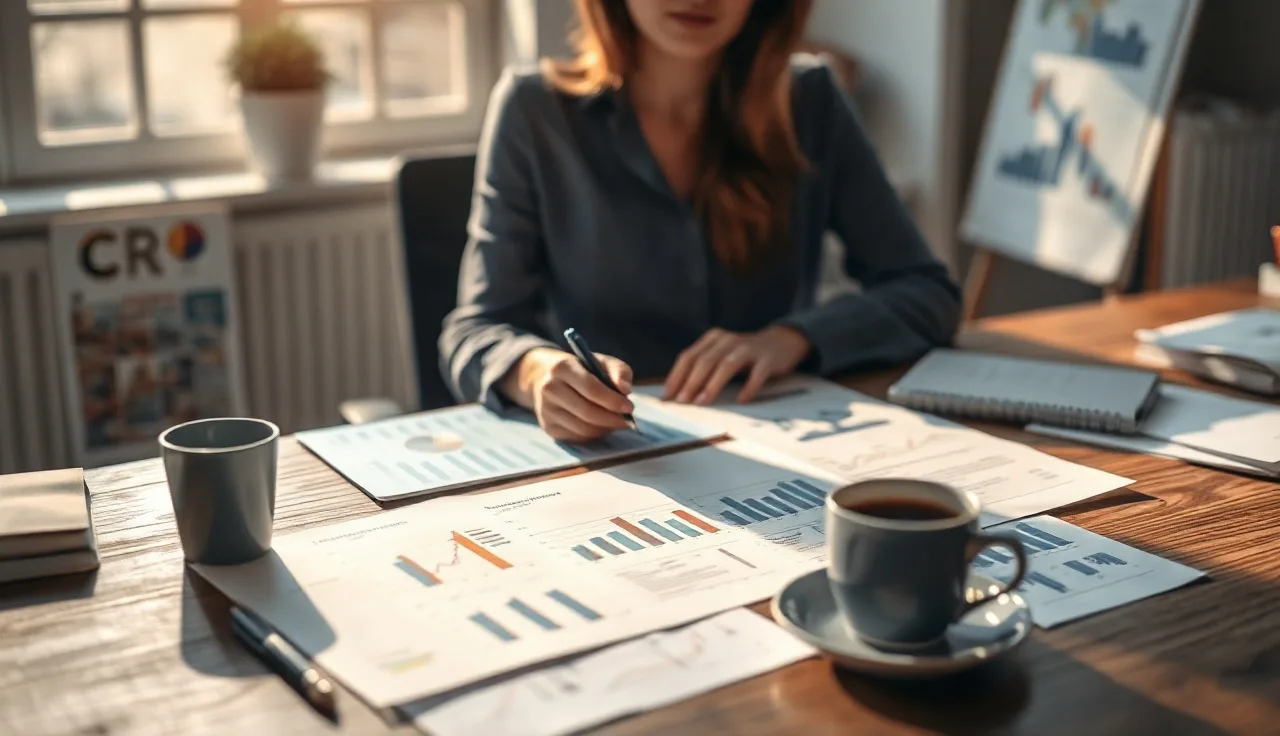 Marketing analyst reviewing printed AI visibility charts at a wooden desk