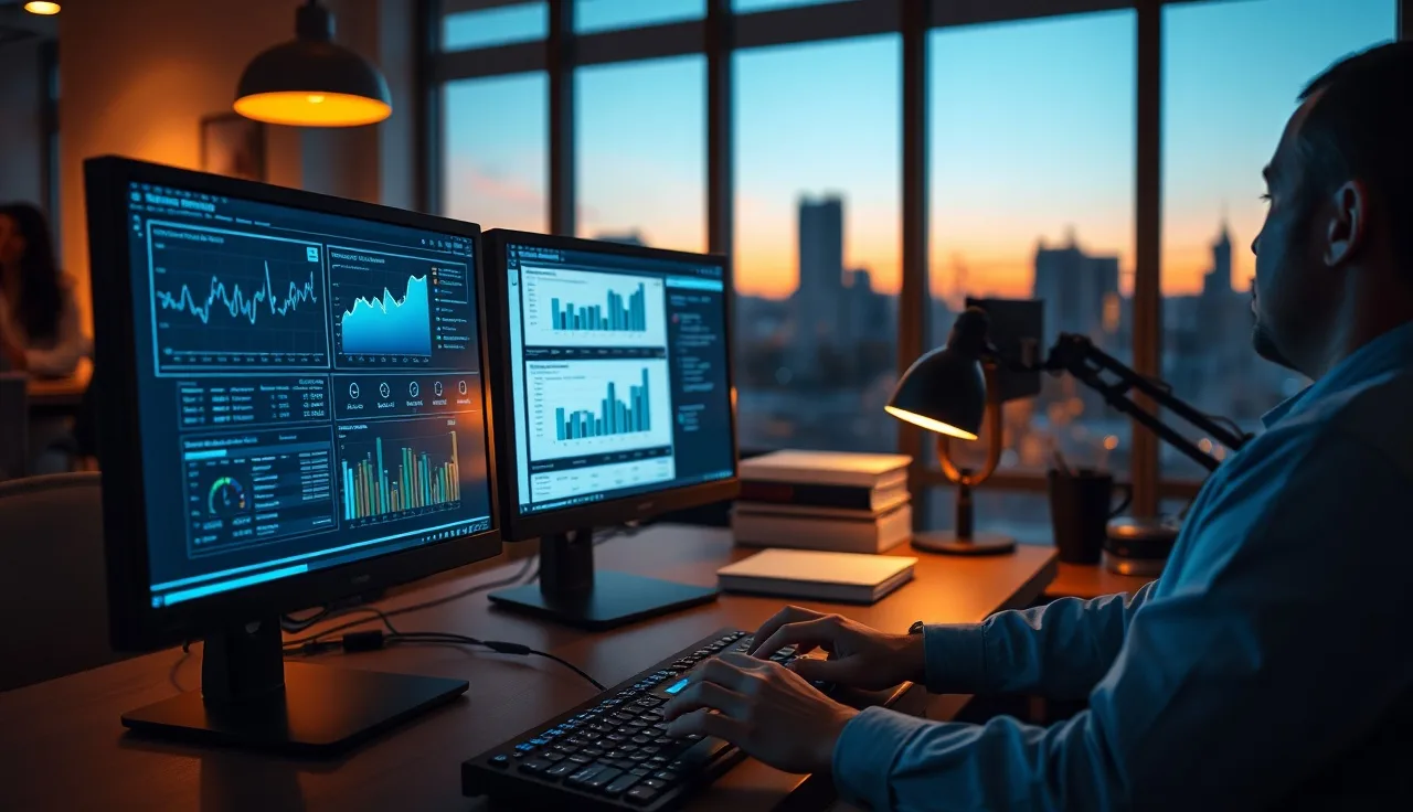 Marketing analyst reviewing AI search visibility data on multiple monitors in a dimly lit office