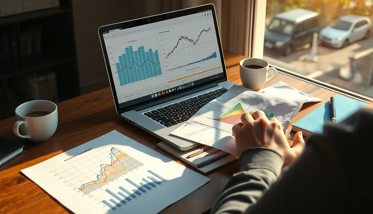 Person reviewing answer engine analytics trend charts at a wooden desk in morning light