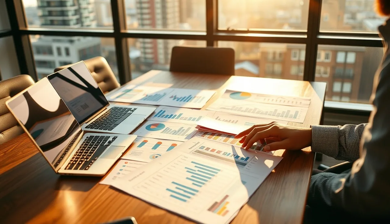 Marketing strategist reviewing AI answer engine analytics reports at conference table