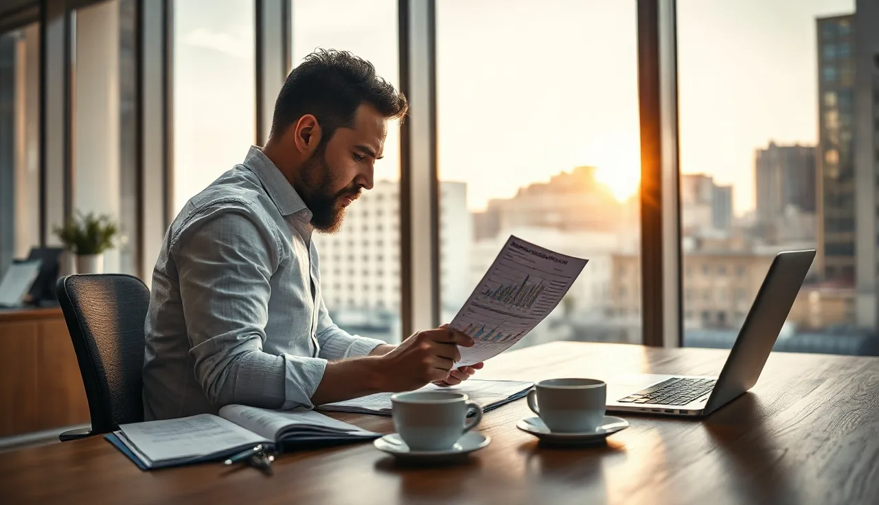 Marketing strategist reviewing AI search visibility charts at a desk in a sunlit office