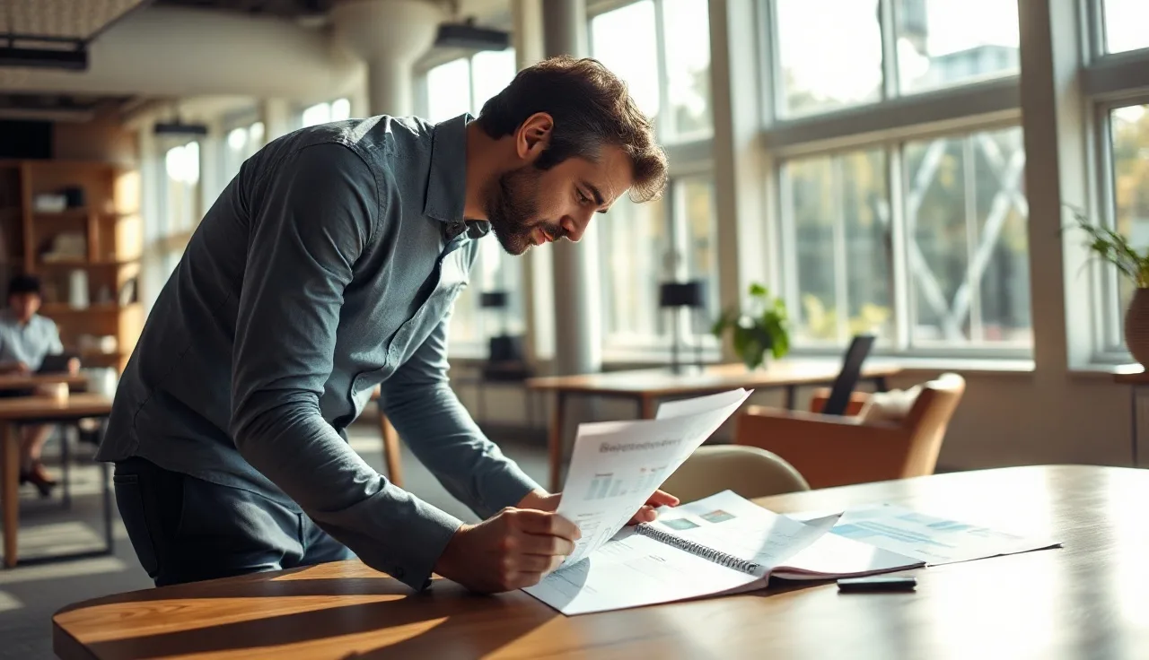 Marketing professional reviewing AI search visibility data at a sunlit office desk