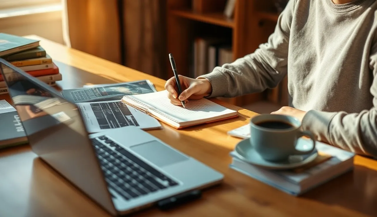 Person writing notes beside a laptop while researching answer engine optimization strategies