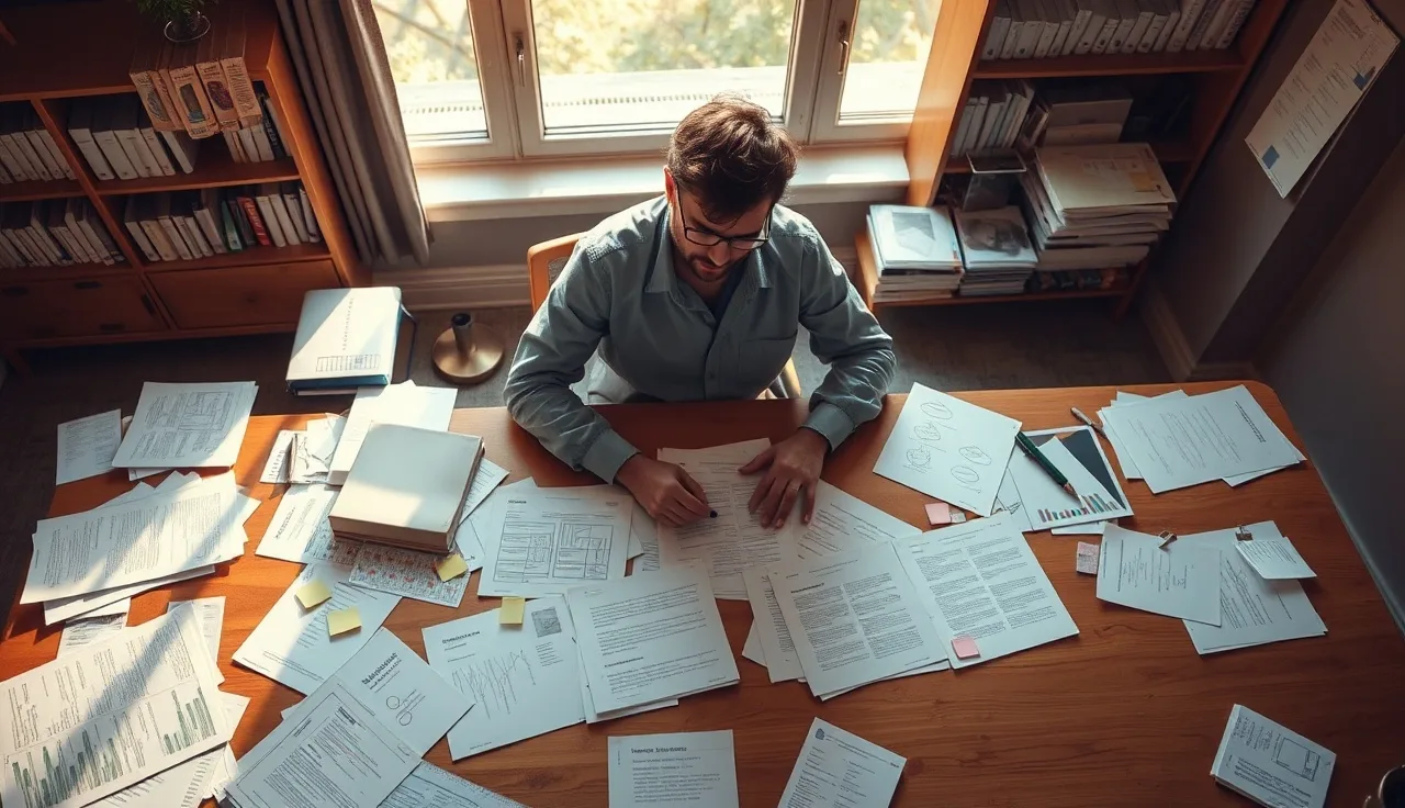 Researcher at desk studying documents related to AI brand citation behavior