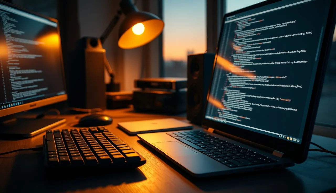 Developer at a desk with laptop showing schema markup code for AI visibility