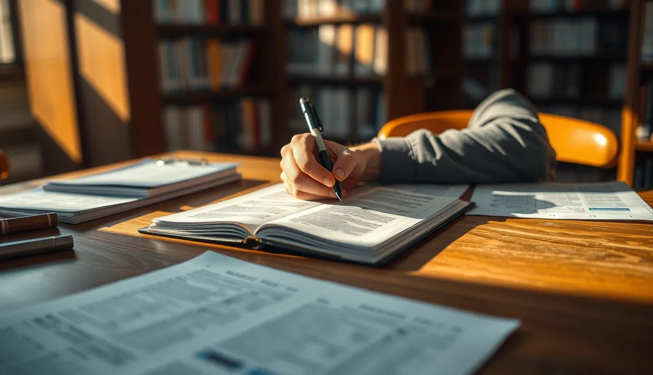 A researcher at a desk with papers and notebook building expert author credibility