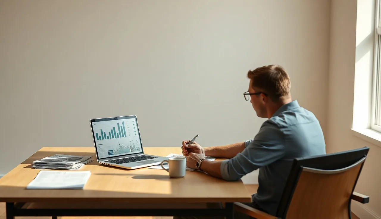 Marketer reviewing AI search optimization platform data on two laptops at a desk