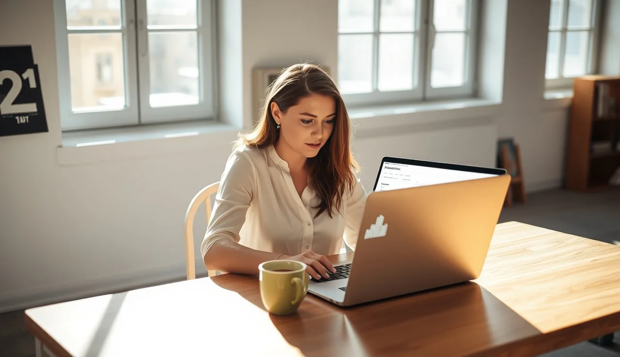 Woman reviewing AI search optimization platform dashboard at sunlit office desk
