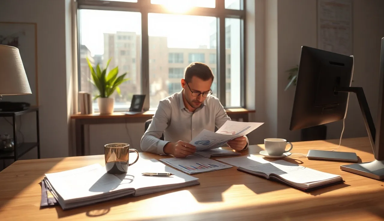 Marketing analyst reviewing AI search visibility data charts at a sunlit office desk