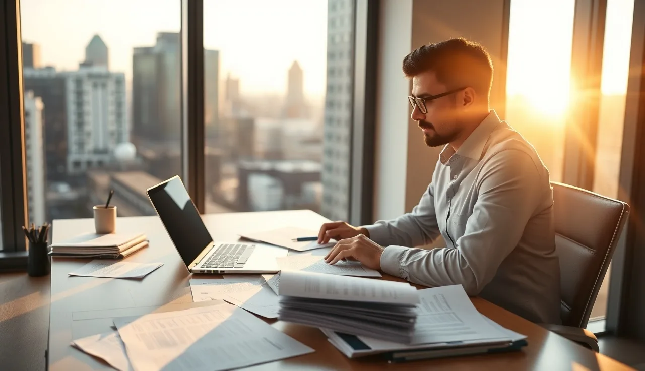 Marketing professional reviewing SEO reports at a sunlit office desk with cityscape behind