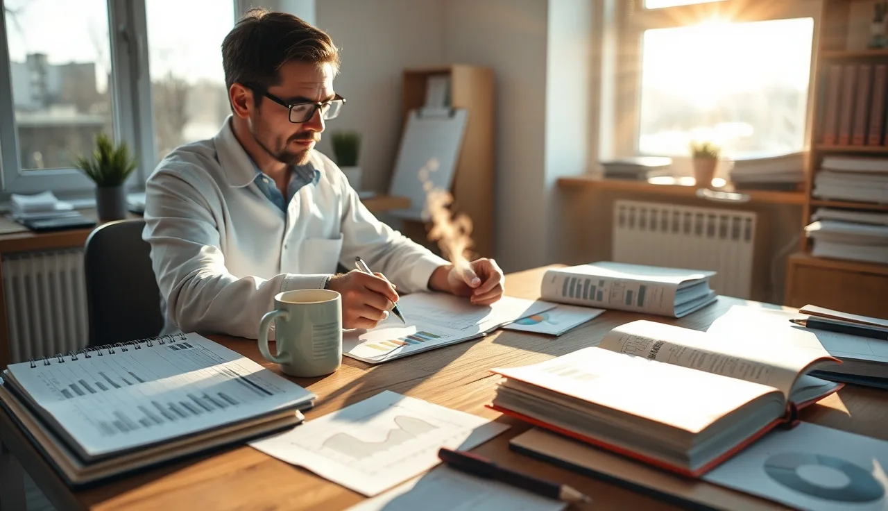 Researcher reviewing AI search citation data charts at a sunlit wooden desk