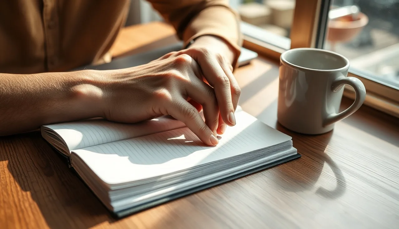 Hands resting on notebook at desk, representing AI visibility research and optimization work