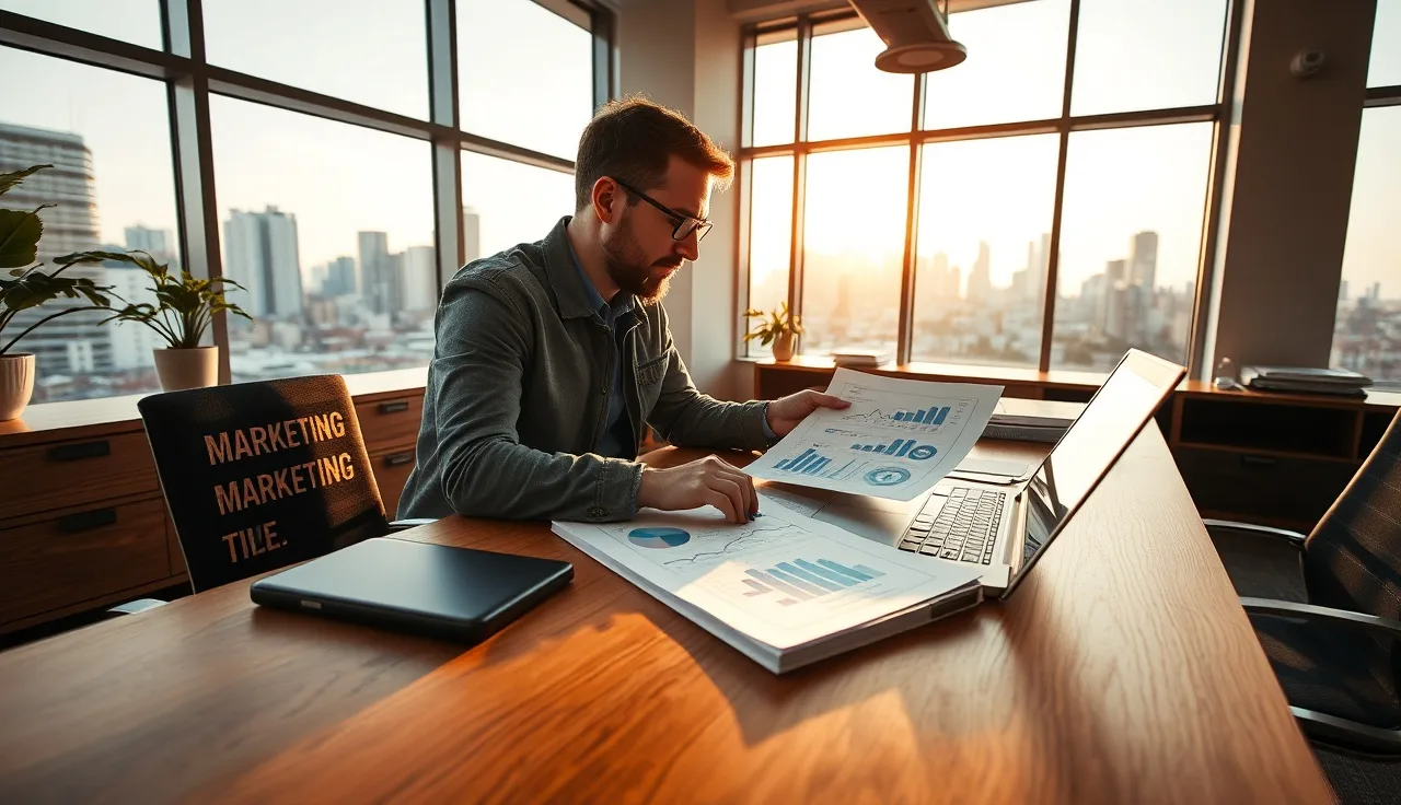 Marketing strategist reviewing AI visibility analytics reports at a desk with city view