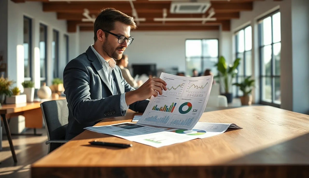 Marketing professional reviewing AI visibility analytics charts on a sunlit desk
