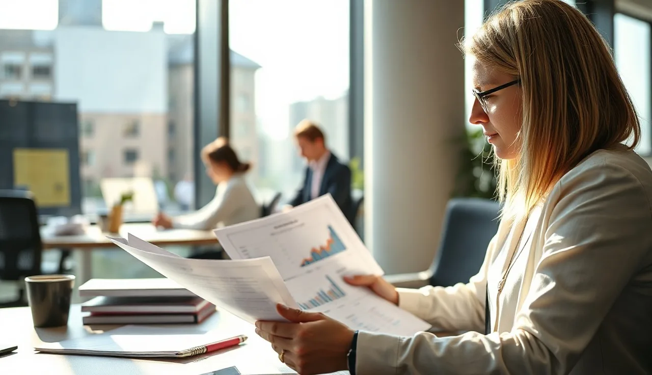 Marketing professional reviewing AI search visibility reports at a London office desk