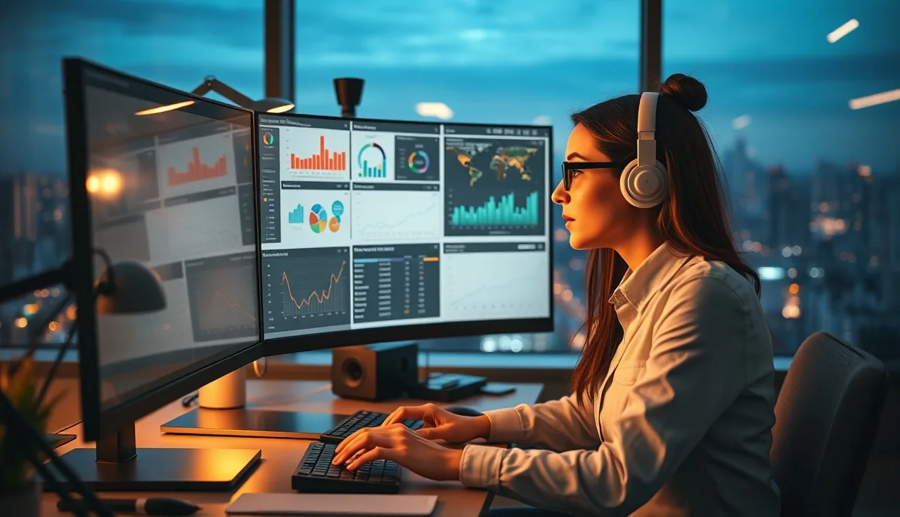 Marketing analyst reviewing LLM SEO analysis dashboards on a wide monitor at dusk