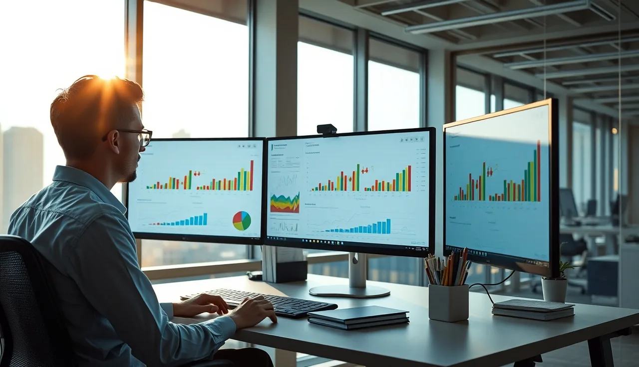 Marketing analyst reviewing AI search visibility data on multiple screens at an office desk