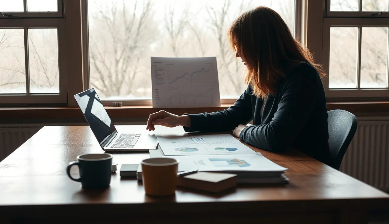 Person reviewing AI search visibility reports at a desk with morning light