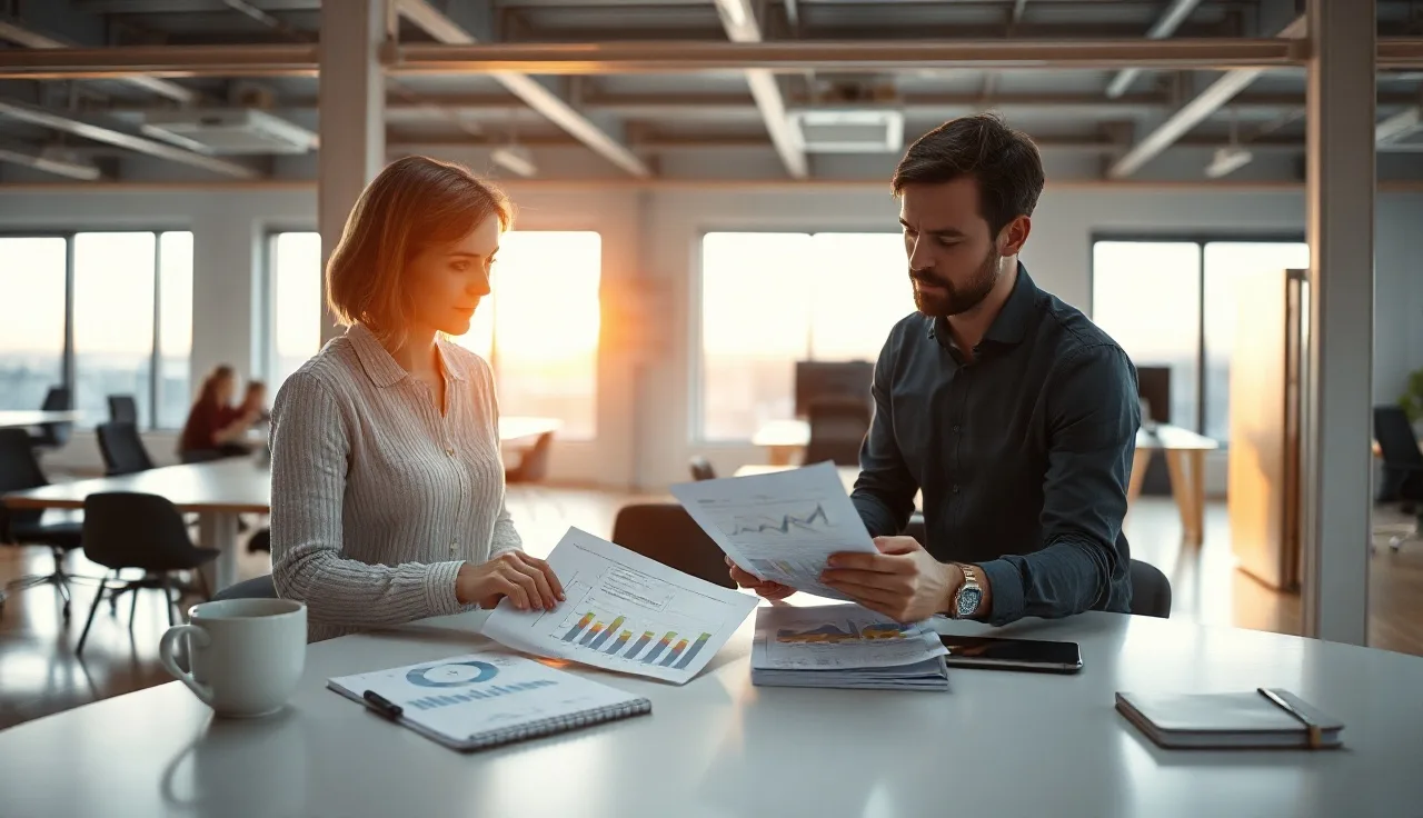 Two marketing professionals reviewing AI search visibility charts at a bright office table