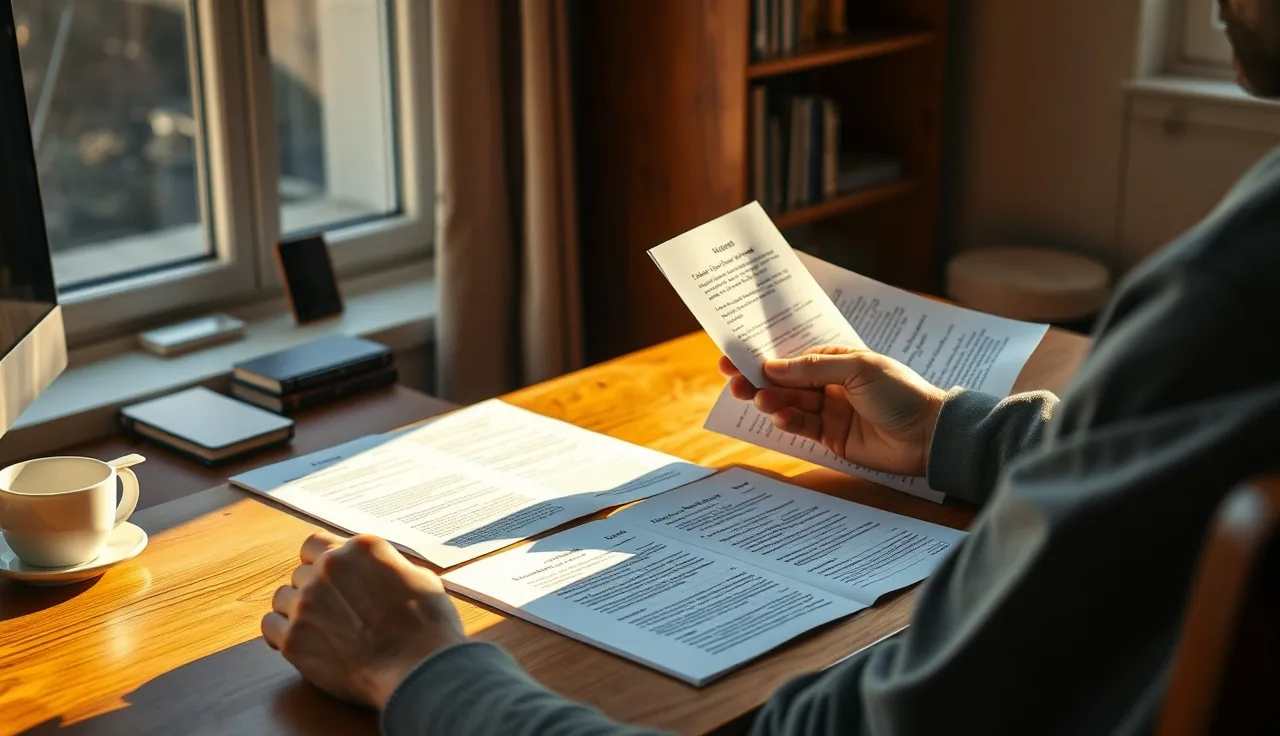 Person reviewing printed research documents at a desk for answer engine optimization work